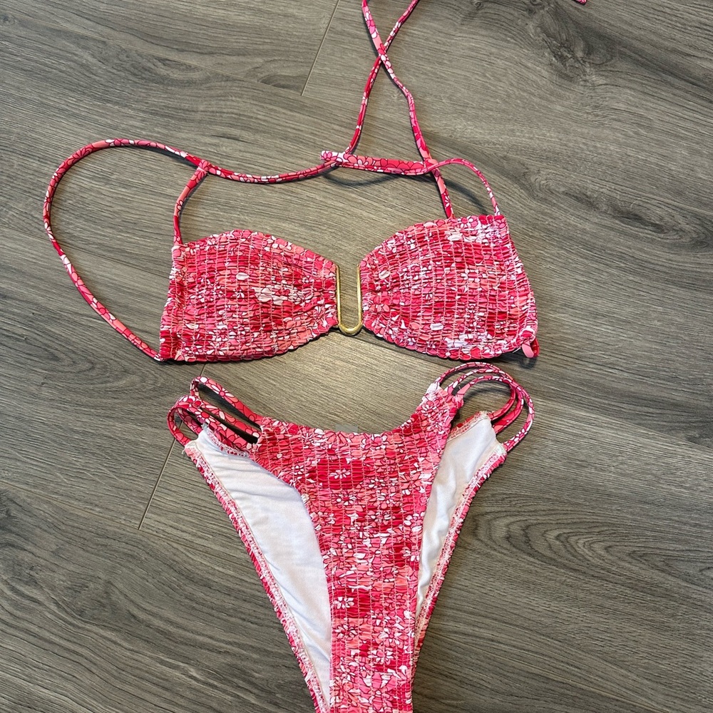 SHEIN Pink Red Floral Smocked Bikini Set